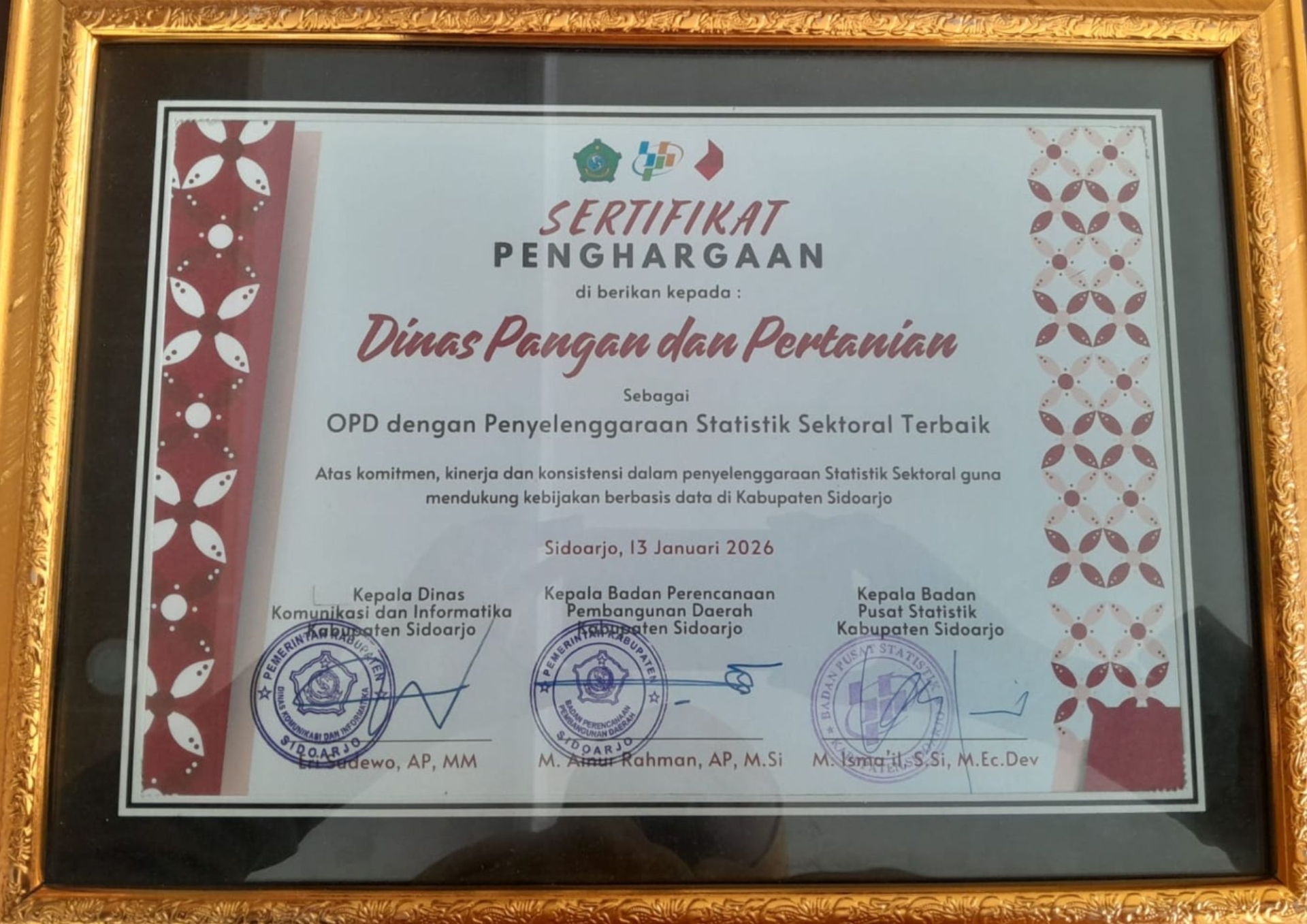 Pengahargaan sebagai OPD degan Penyelenggara Statistik Sektoral Terbaik