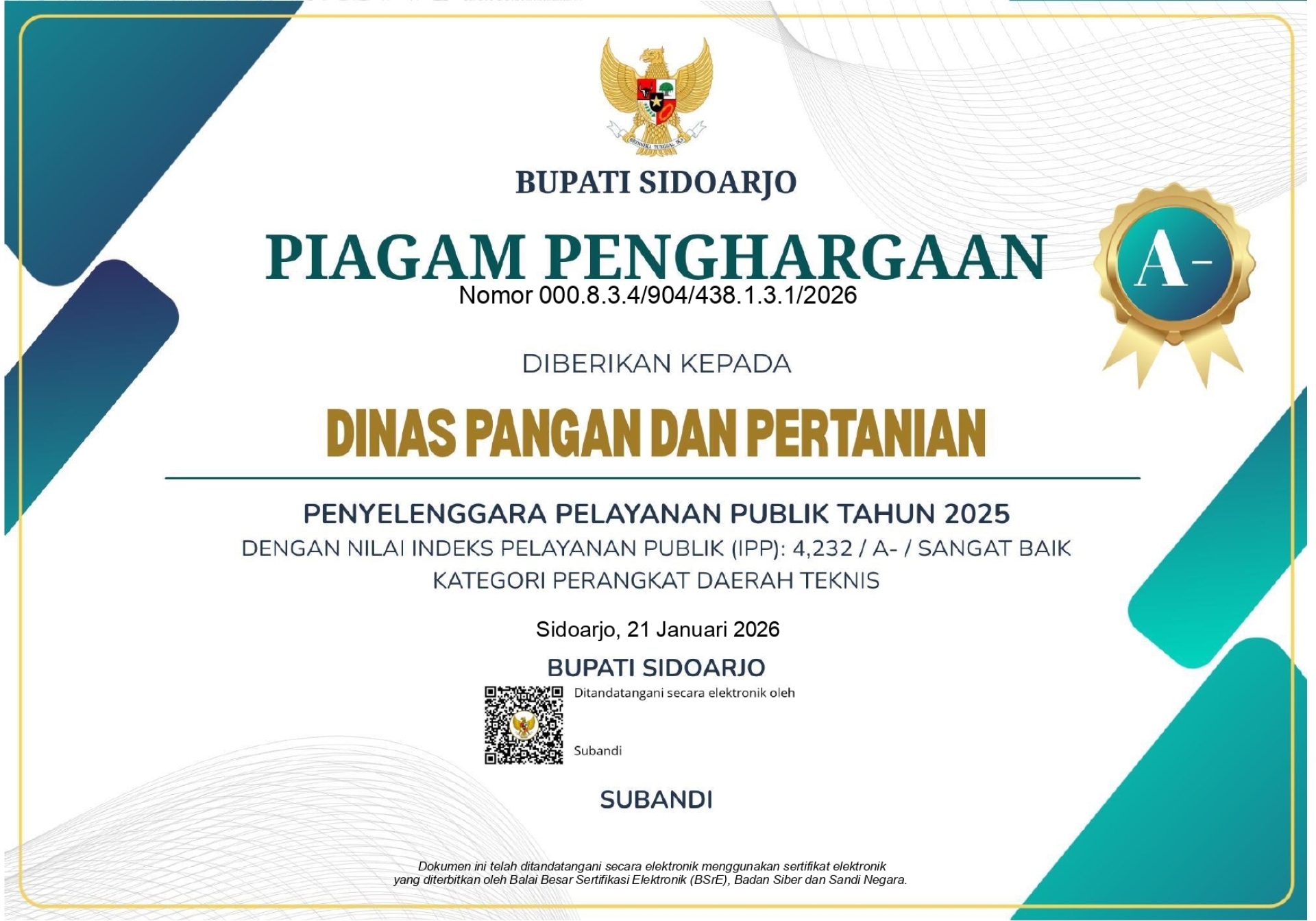 Piagam Penghargaan Dinas pangan dan pertanian penyelenggaraan pelayanan publik tahun 2025